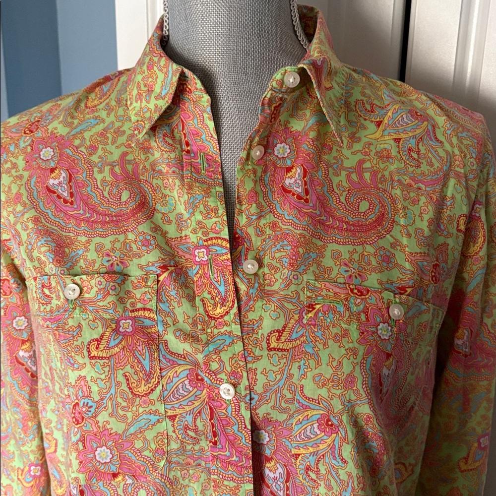 LAUREN by Ralph Lauren Vintage Neon Paisley Cotton Blouse EUC Size Medium